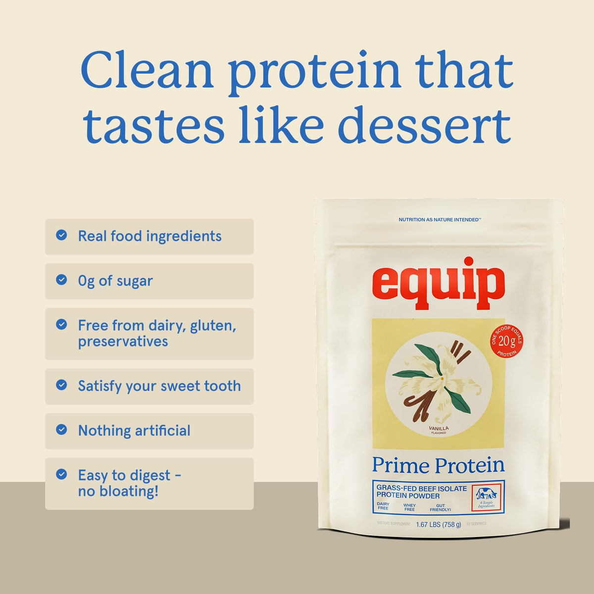 Equip Foods Prime Protein Powder | Clean, Grass Fed Beef Protein Powder | Carnivore Protein Isolate, Keto Friendly | Gluten & Dairy Free | Helps