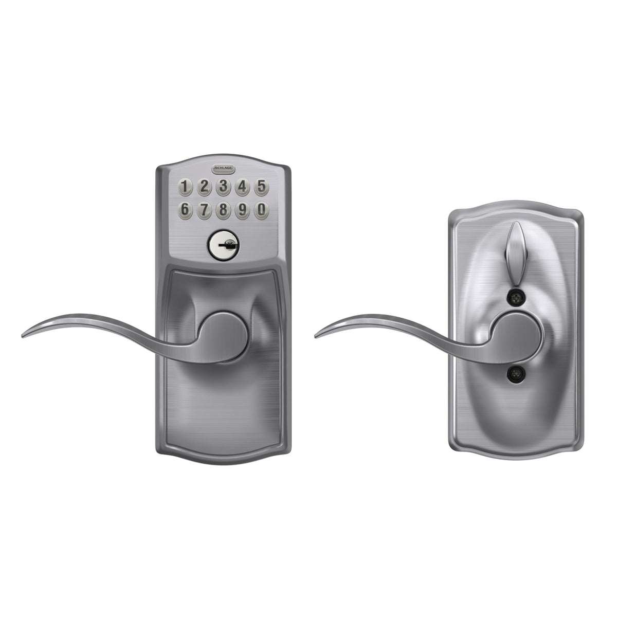 Schlage Electronic Keypad Lock, Lever Handle, Camelot Trim, Satin Chrome