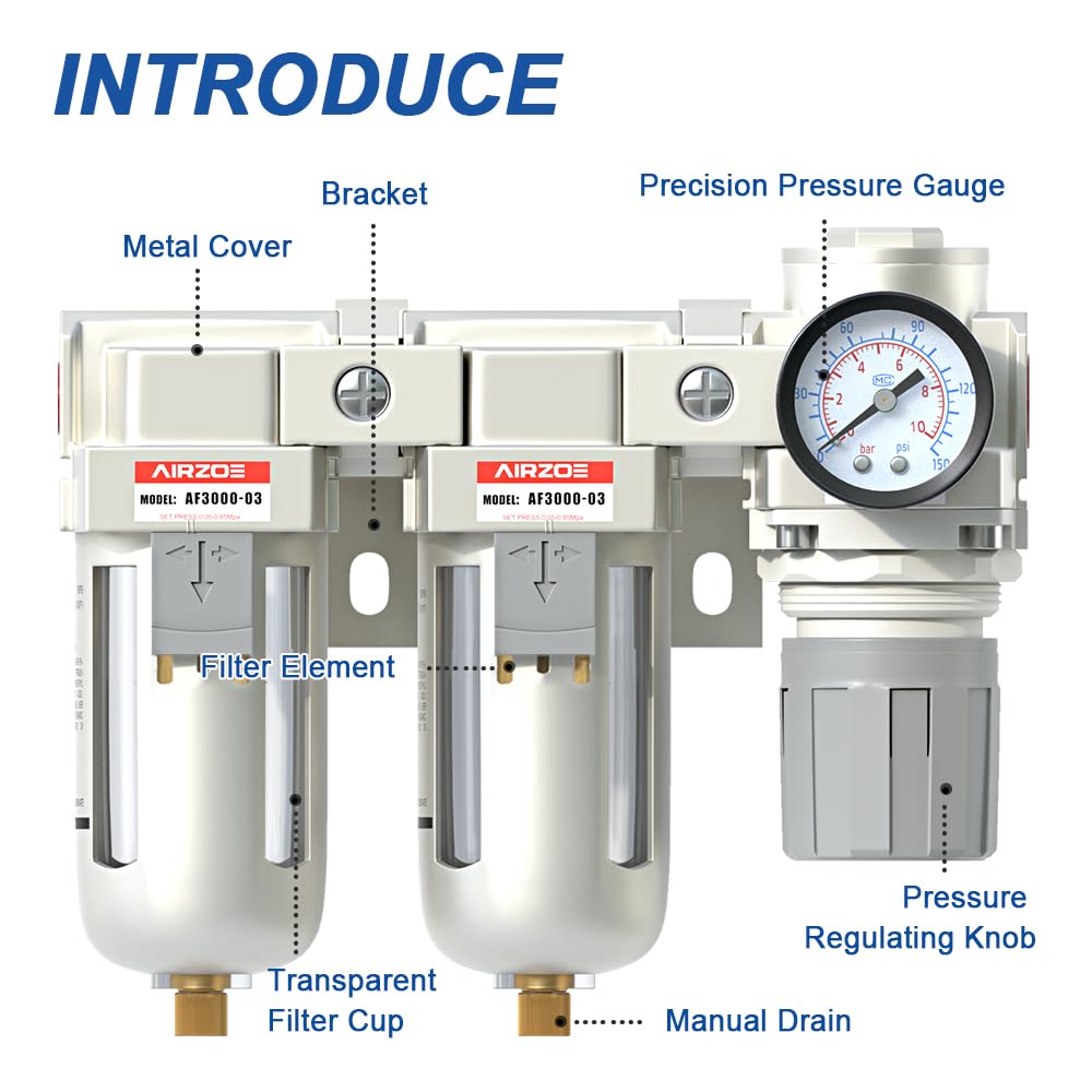3/8" NPT Air Dryer for Compressor-Air Compressor Water Separator AC3110-03,Double Air Compressor Filter,Air Pressure Regulator Combo,5 Micron Brass