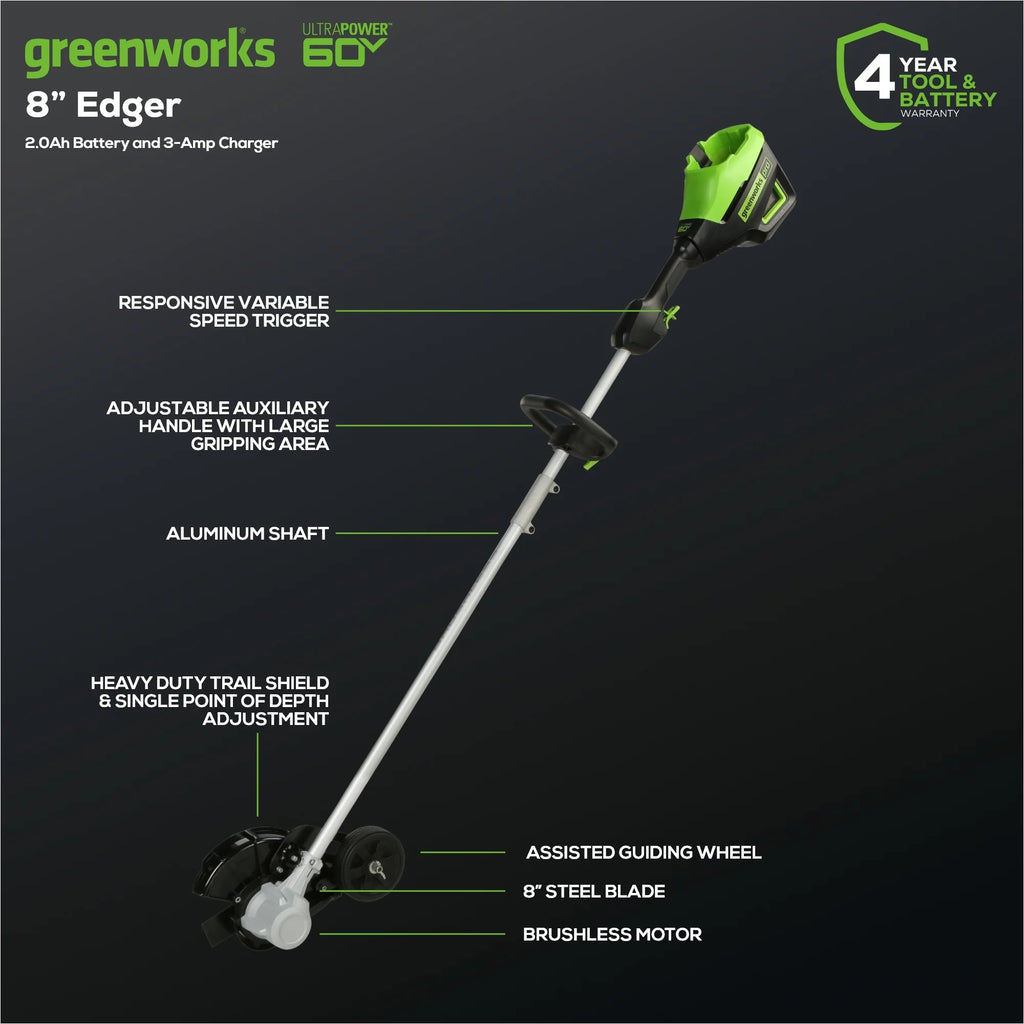 Greenworks Cordless Edger 60V 8 in Brushless With 2.0 Ah Battery And Charger
