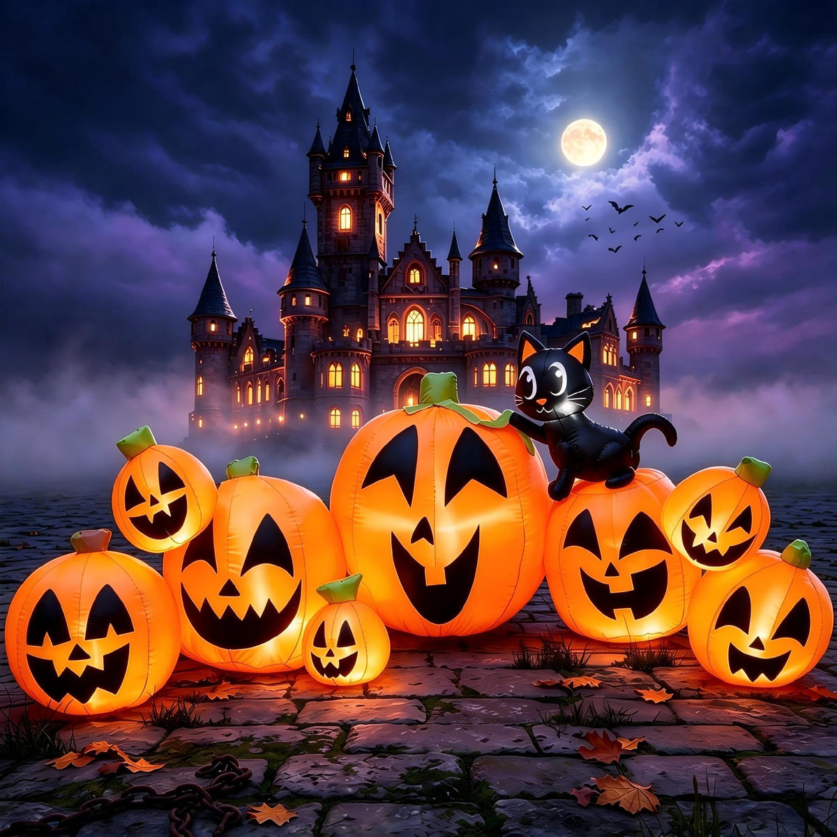Joyfy 7 ft Halloween Inflatable Long Pumpkin with Witch's Cat Decorations Inflatables with Build-in LEDs, Halloween Decor Outdoor Blow Up Yard Decorations
