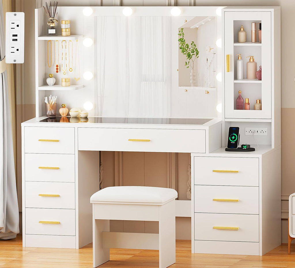 ANWBROAD 49.2 in White Vanity Desk With Mirror, Lights, Glass Top, 8 Drawers, Stool And Power Outlet - UBDT88W