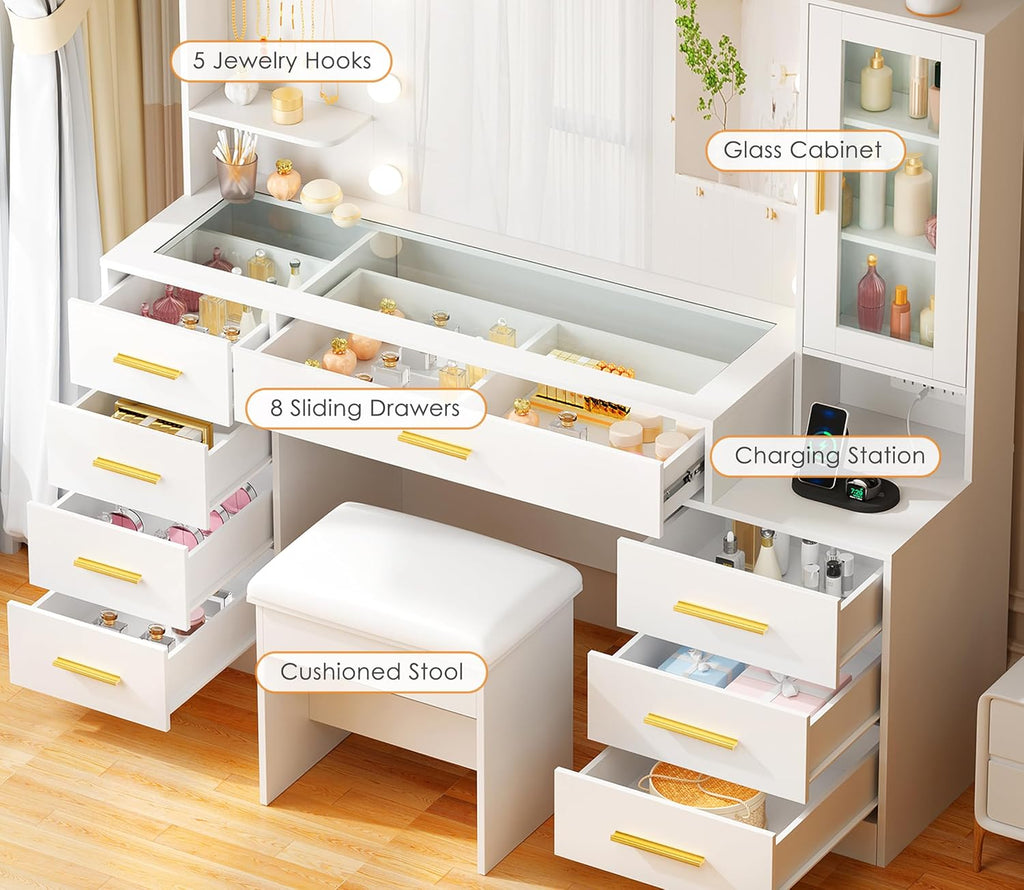 ANWBROAD 49.2 in White Vanity Desk With Mirror, Lights, Glass Top, 8 Drawers, Stool And Power Outlet - UBDT88W