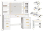 ANWBROAD 49.2 in White Vanity Desk With Mirror, Lights, Glass Top, 8 Drawers, Stool And Power Outlet - UBDT88W