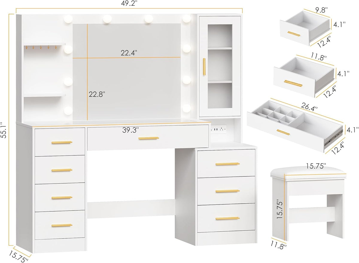 ANWBROAD 49.2 in White Vanity Desk With Mirror, Lights, Glass Top, 8 Drawers, Stool And Power Outlet - UBDT88W