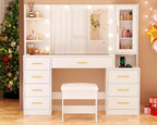 ANWBROAD 49.2 in White Vanity Desk With Mirror, Lights, Glass Top, 8 Drawers, Stool And Power Outlet - UBDT88W