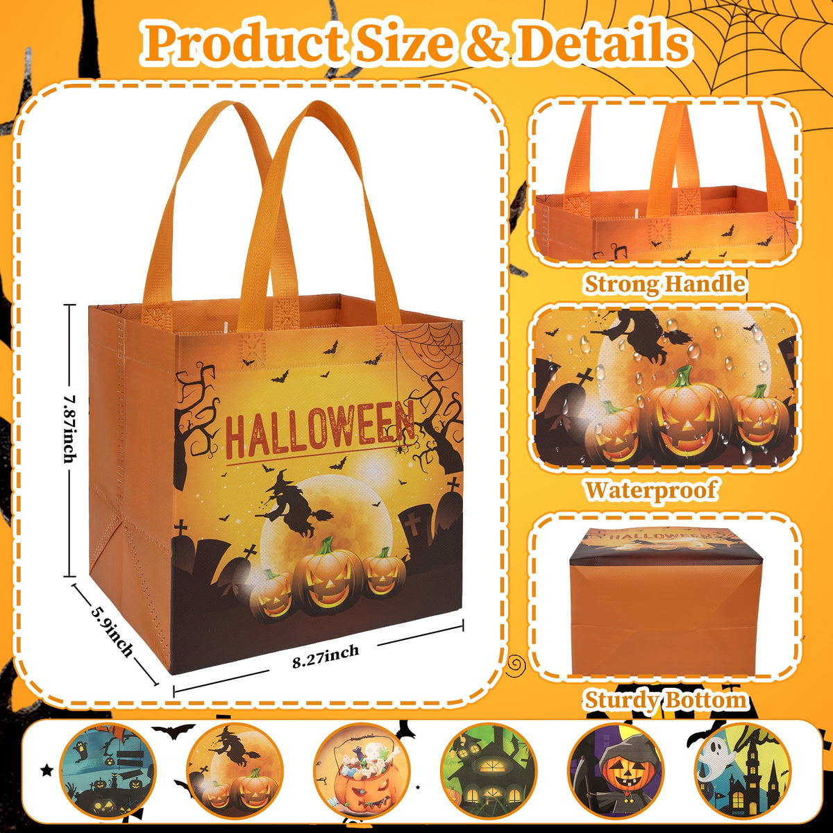 HiberyHom 12 Pcs Halloween Trick or Treat Bags with Handles, Gift Bags & Party Favor Bags for Kids, 8.27 x 5.91 x 7.87 inches