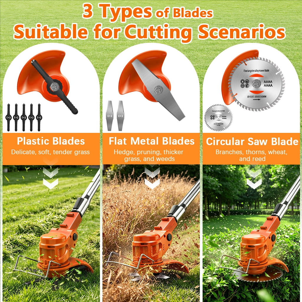 TNTANTS Electric Weed Wacker, Cordless String Trimmer with Wheels, 2Pcs 24V Batteries, 3 Types of Blades, Adjustable Length, Weed Eater Grass