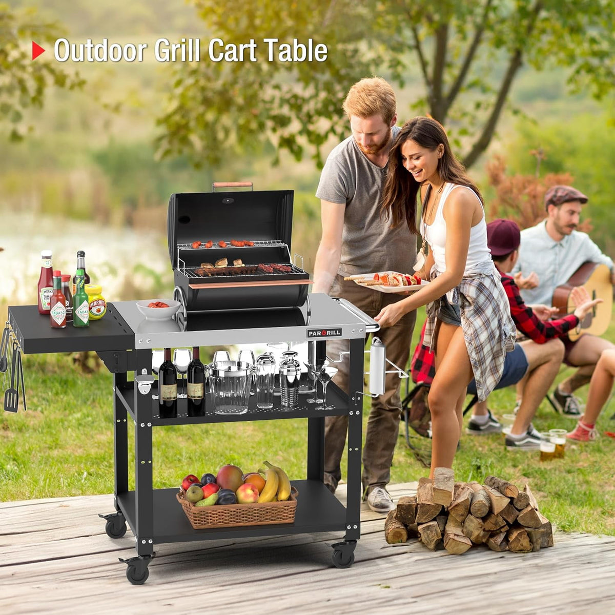PARGRILL Three-Shelf Outdoor Grill Prep Utility Cart with Foldable Side Table, 46.6" x 20", 4 Lockable Casters，200 LBS