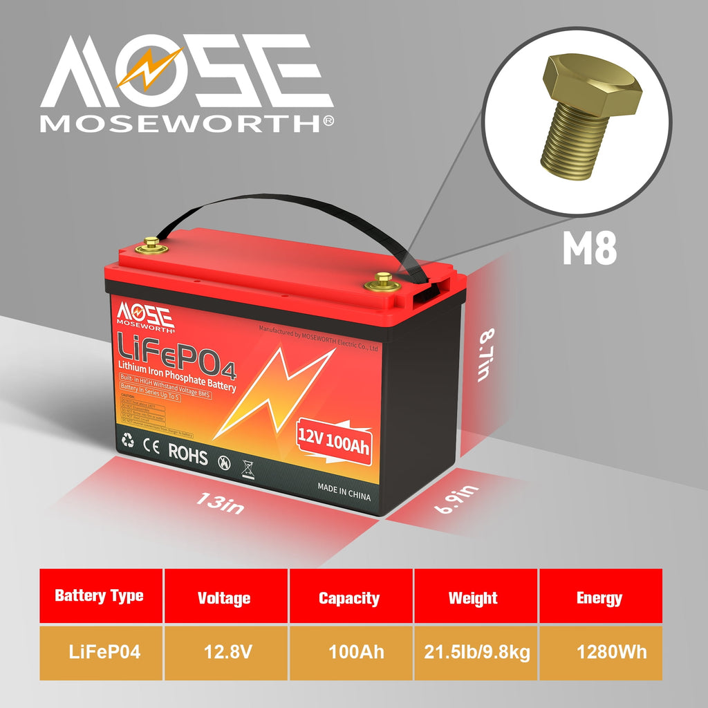 12V 100Ah LiFePO4 Lithium Battery,MOSEWORTH RV,Solar,Trolling Motor,Camping,Marine,off-Grid,Low Temp Cut off