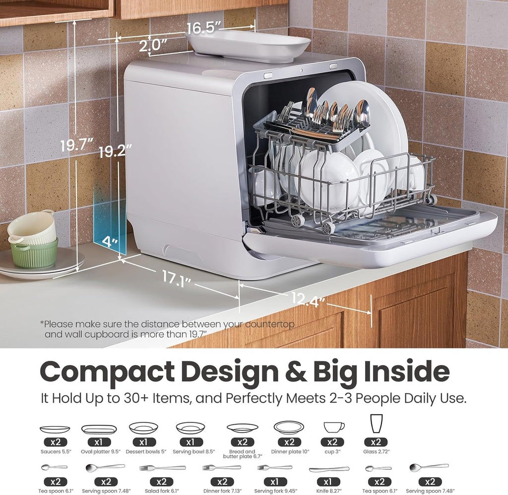 COMFEE' Portable Countertop Dishwasher, 5L Built-In Water Tank, 6 Programs, White - CDC17P0AWB