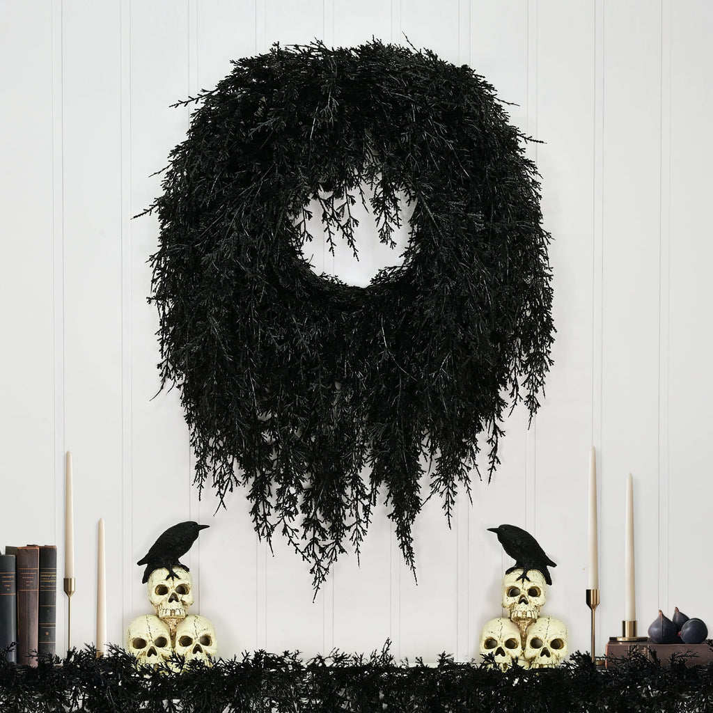 My Texas House Halloween Drapey Faux Cedar Wreath, Black, 24"