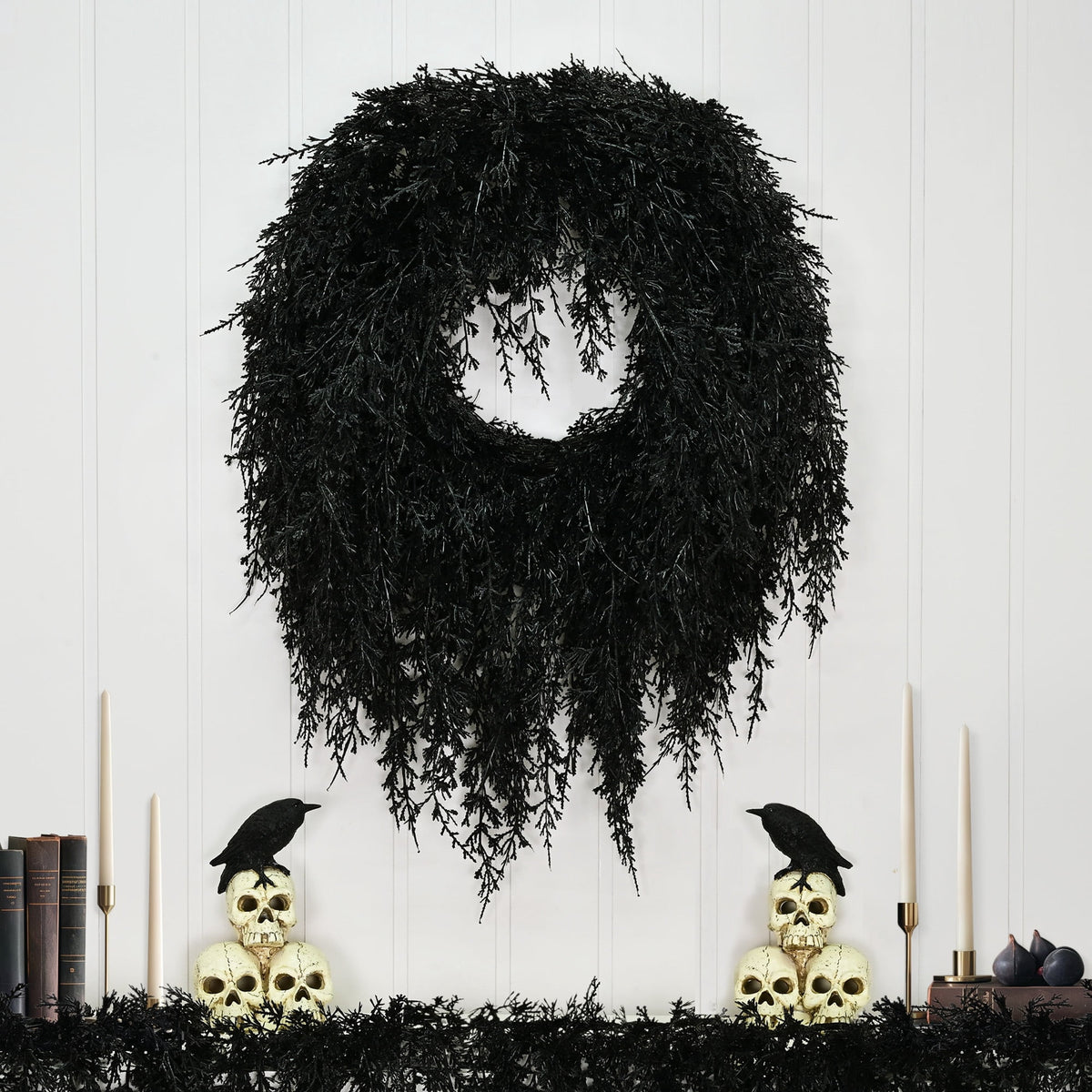 My Texas House Halloween Drapey Faux Cedar Wreath, Black, 24"