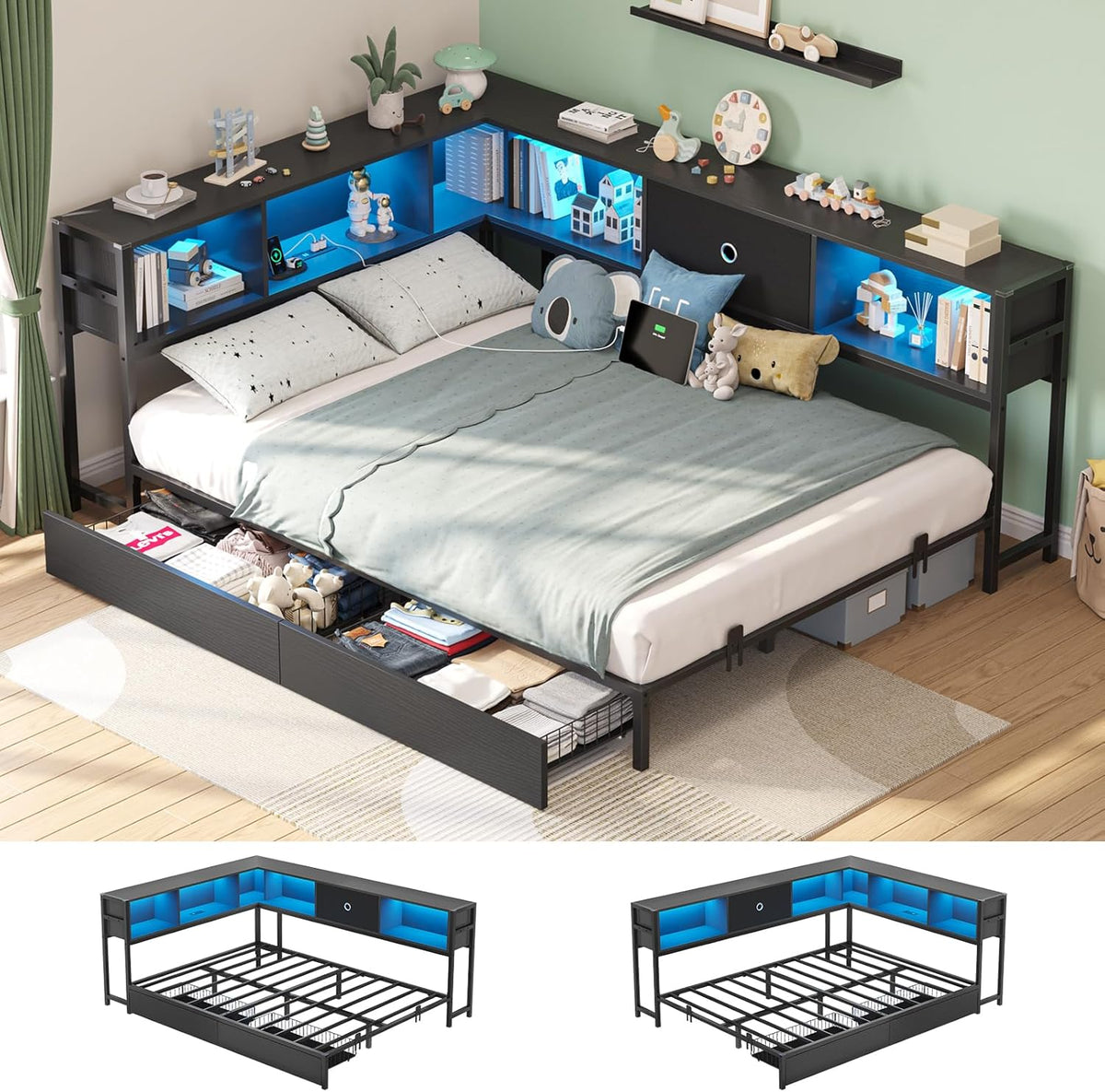 Hasuit Full Metal Corner Bed Frame With 2 Storage Drawers, Bookcase Headboard, Charging Station And LED Lights - Black