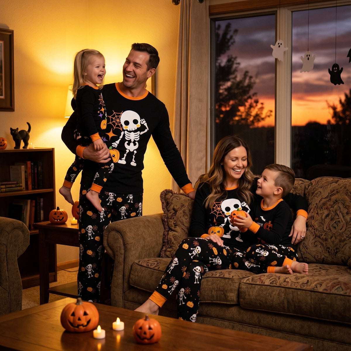 NIPAXO Family Matching Halloween Pajamas Set - Spooky Cute Skeleton & Pumpkin Graphic Long Sleeve Sleepwear for Adults, Kids & Toddlers