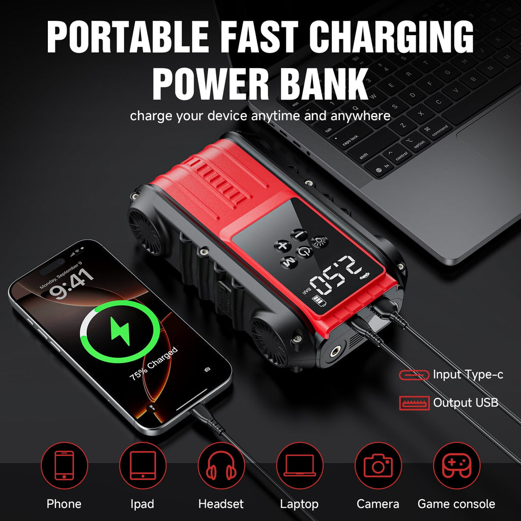 Lolseas Car Jump Starter with Air Compressor, 4500A Car Battery Jump Starter for 9.0L Gasoline/8.0L Diesel Engines, 150PSI PortableTire Inflator