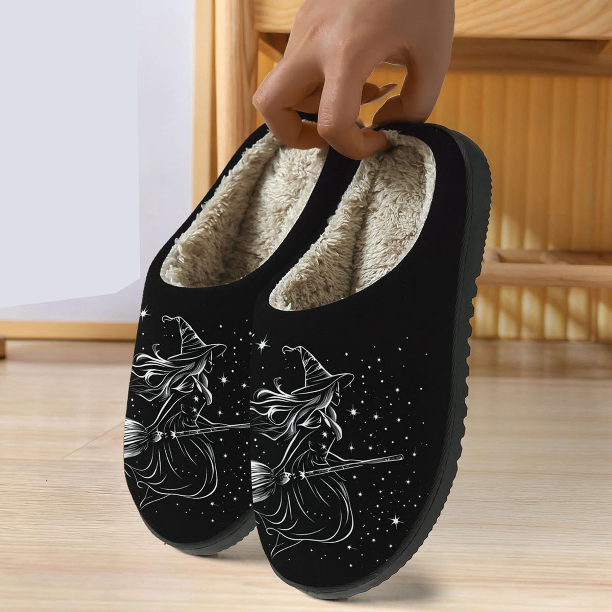 PMVFHDE Halloween Fuzzy Winter Ons Witch Print Flat Indoor Footwear For Home Sole Warm Comfortable Women’s Shoes Black - 10