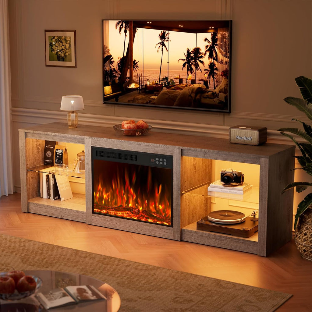 70 Inch Fireplace TV Stand For TVs Up To 80 Inches With 23 Inch Electric Fireplace Insert - Gray