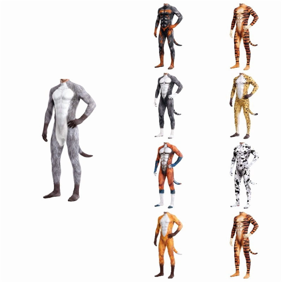 Krdevn Men 3D Animal Cosplay Bodysuit, Full‑Body Stretch Jumpsuit Costume with Tail for Halloween