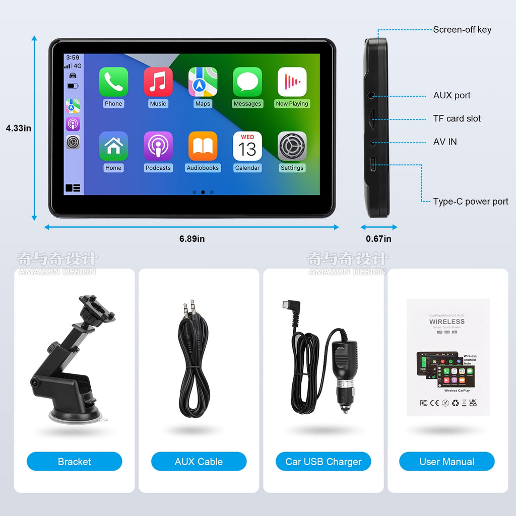 Wireless Apple Carplay Screen for Car, 7" HD Touch Screen Portable Car Stereo for Carplay & Android Auto, Pantalla Para Carros with Bluetooth, AUX