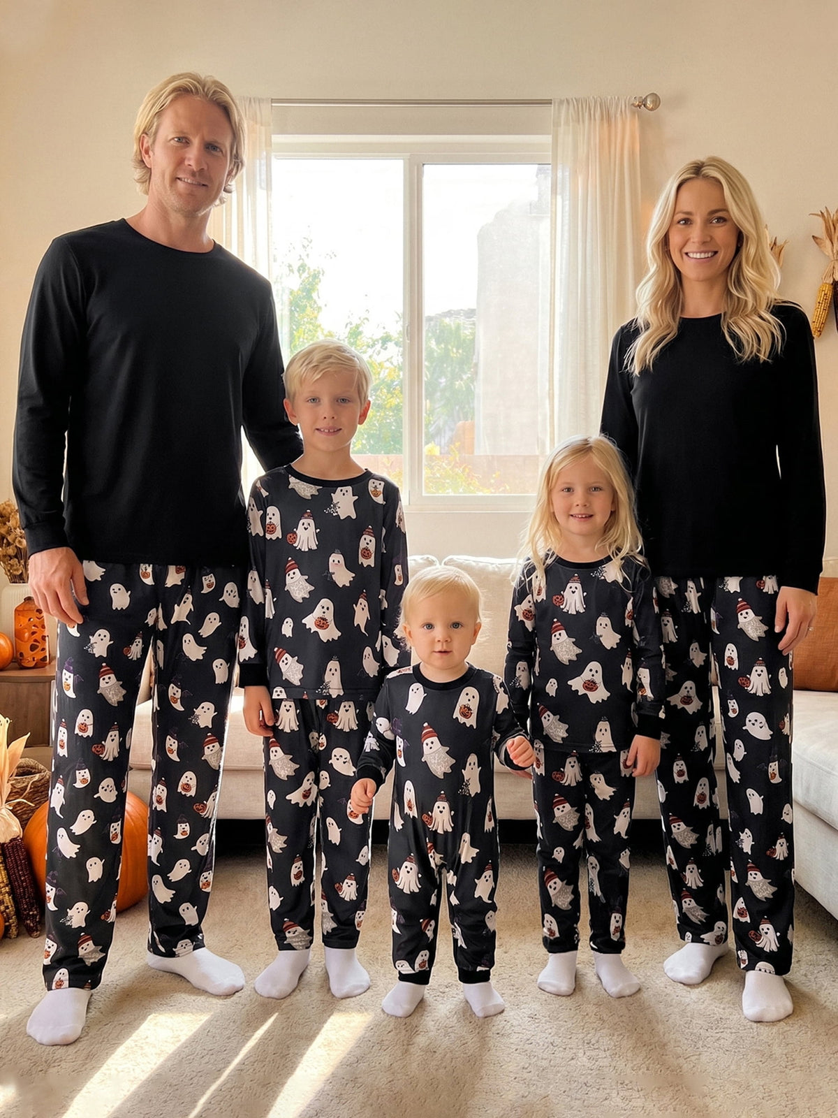RUINIXCW Family Matching Halloween Ghost Pajama Set Black Long Sleeve Sleepwear for Trick or Treat Party Holiday Photos