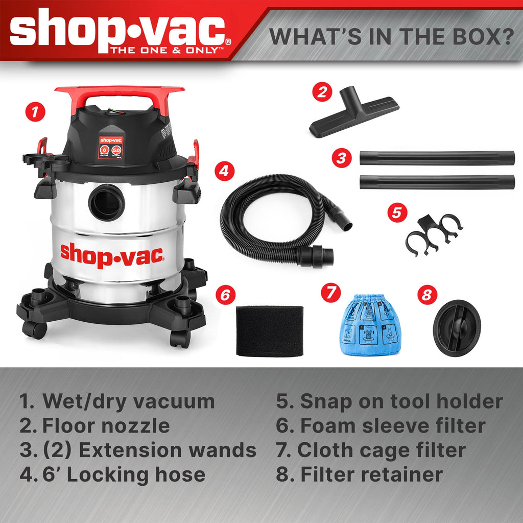 Shop-Vac® 6 Gallon Wet/Dry Vacuum, 5.0 Peak HP, Stainless Steel Tank