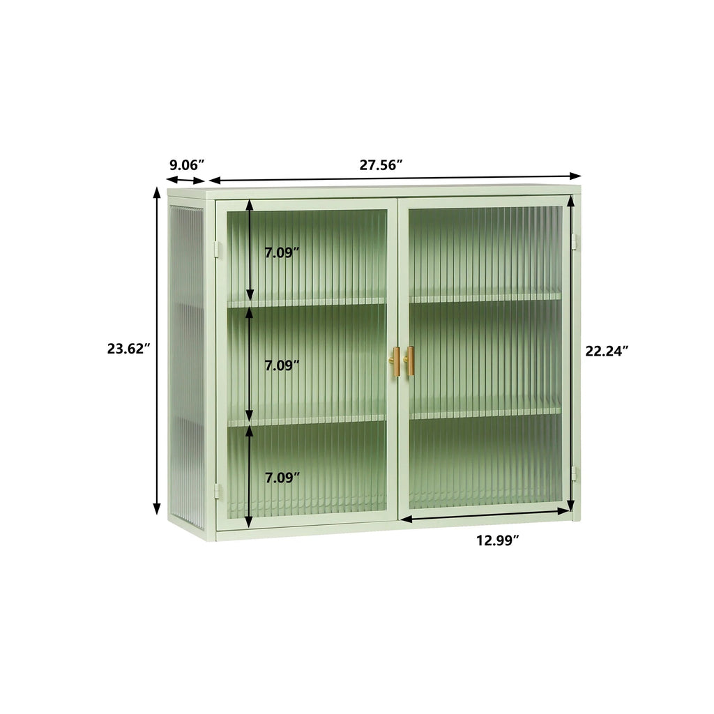 27.56in Modern Wall Cabinet With Fluted Tempered Glass Doors, Three-Tier Storage, Mint Green