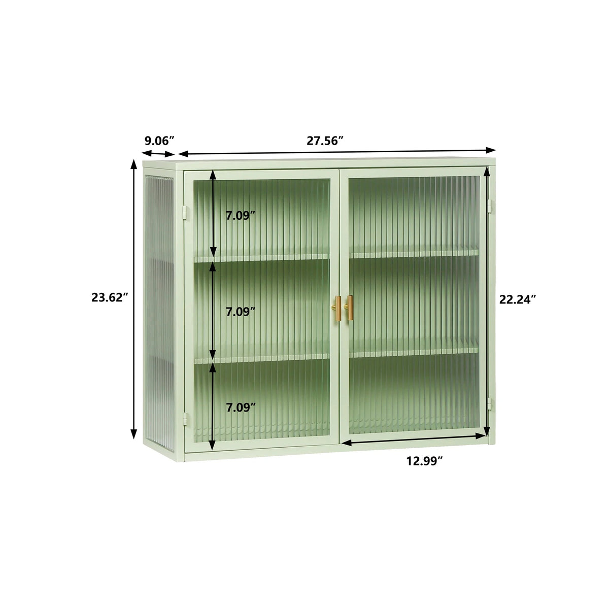 27.56in Modern Wall Cabinet With Fluted Tempered Glass Doors, Three-Tier Storage, Mint Green