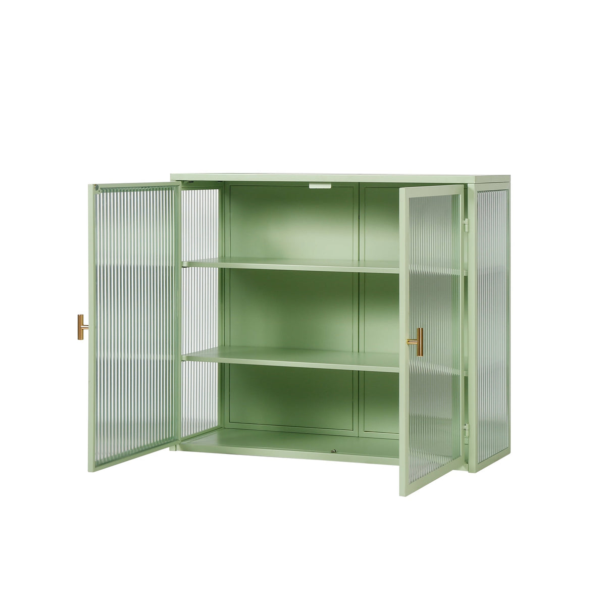 27.56in Modern Wall Cabinet With Fluted Tempered Glass Doors, Three-Tier Storage, Mint Green