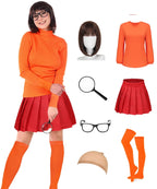 Couples Halloween Costumes for Women Velma Cosplay Outfit Orange Velma Costume with Mini Skater Skirt
