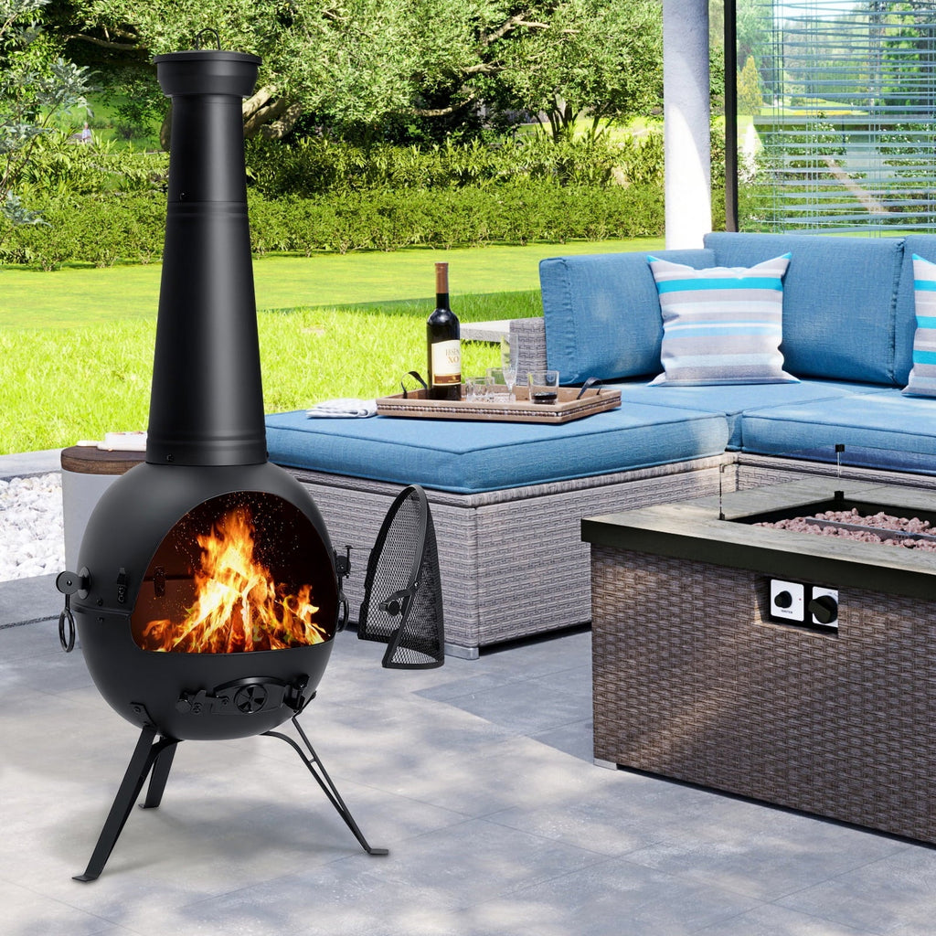 SinglyFire Outdoor Wood-Burning Cast Iron Chiminea Fireplace With Cover Rain Lids - Black