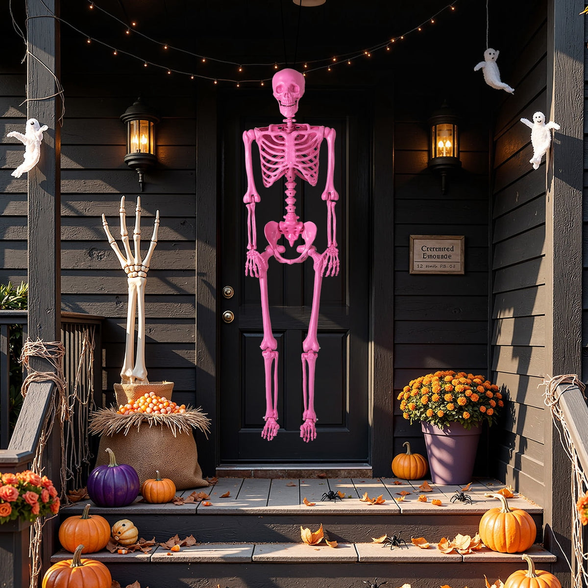 Costway 5.5 FT Poseable Halloween Skeleton Life-Size Decoration with Movable Joints Pink