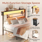 Bestier Queen Size Bed Frame with 49.2" High LED Storage Headboard Shelf, Metal Platform Bed, Black