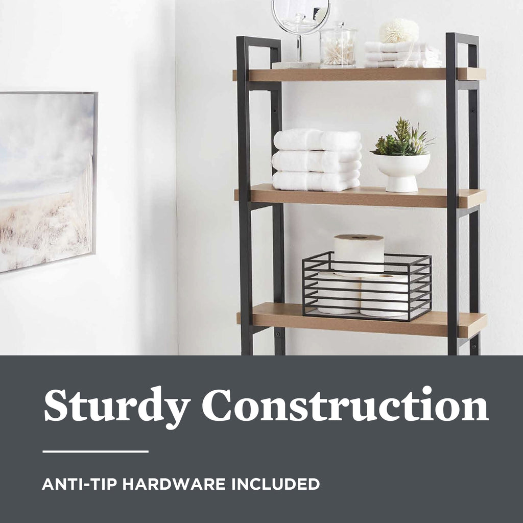 Better Homes & Gardens Jace 3-Shelf Over-the-Toilet Storage Shelf, Black Frame with Oak Shelves
