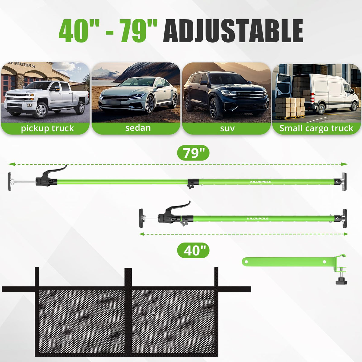 Adjustable Cargo Bars, 40" to 79" Non-Slip Truck Bed Divider, Cargo Bar for Pickup Truck Bed Cargo Bars for SUVs, Trailers, Vans, with Cargo Net