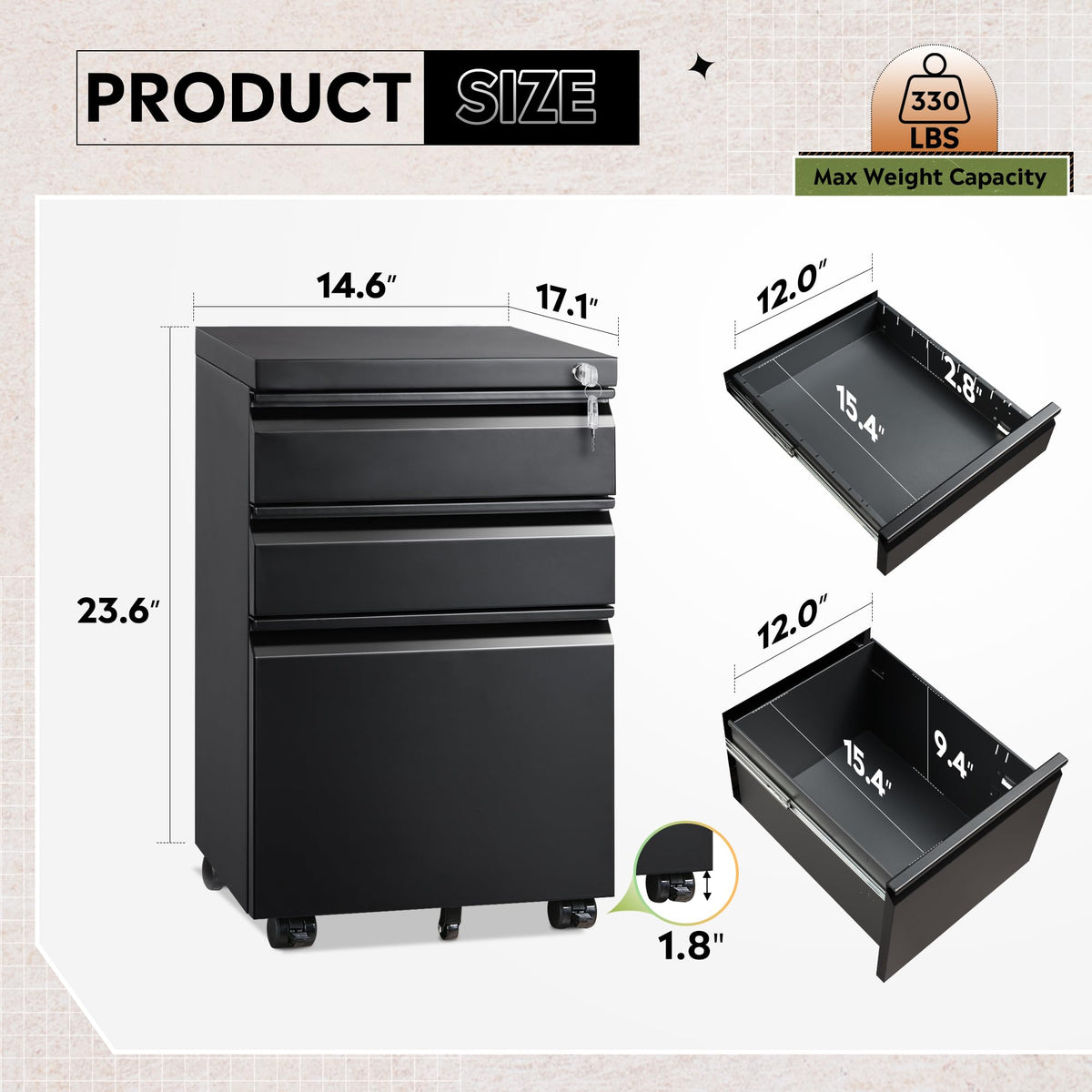 DEVAISE 3 Drawer File Cabinet with Lock, Fully Assembled Except Casters