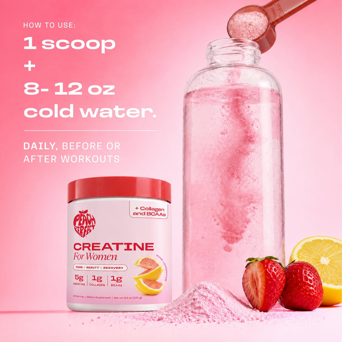 Peach Perfect Creatine for Women – Micronized Creatine Monohydrate Powder with BCAA & Collagen for Glute Strength Support, Boosts Energy, Focus
