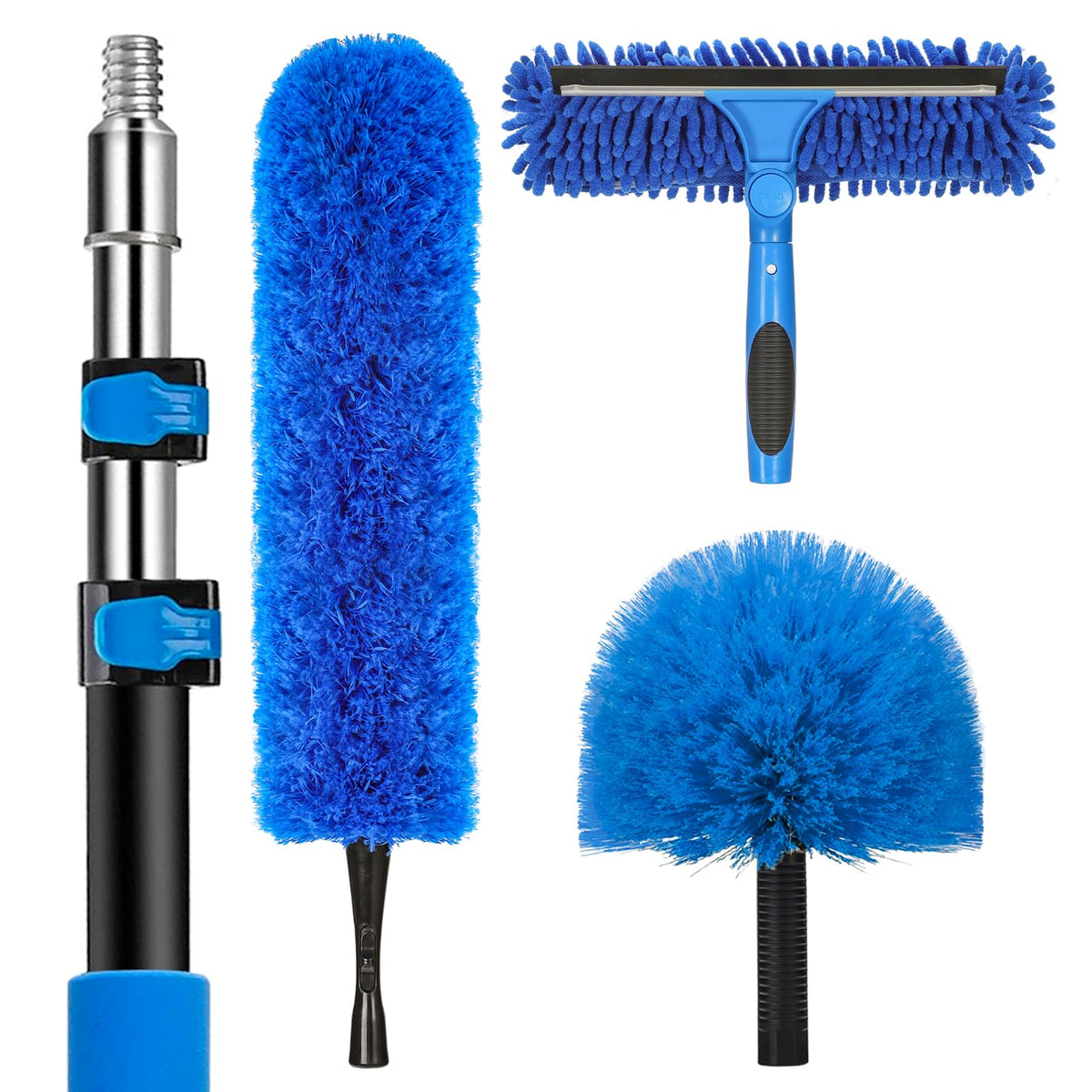 20 Feet High Reach Duster Kit with 5-12 Ft Extension Pole, Cobweb Duster with Telescoping Pole, Window Squeegee with Scrubber, Spider Web Brush, High