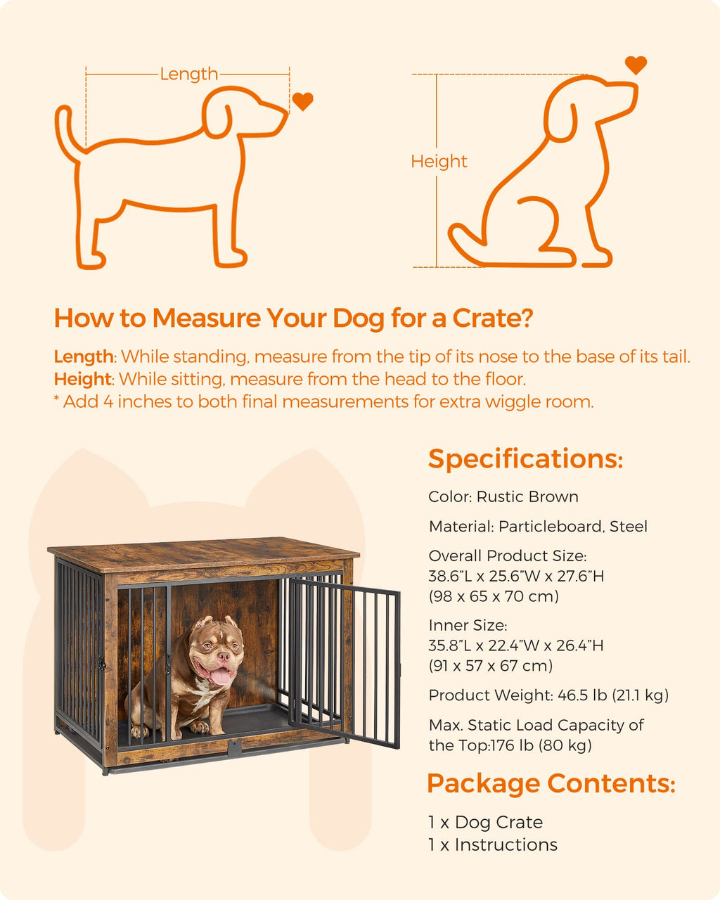 Feandrea 38" Dog Crate Furniture, Heavy-Duty Dog Kennel Side End Table