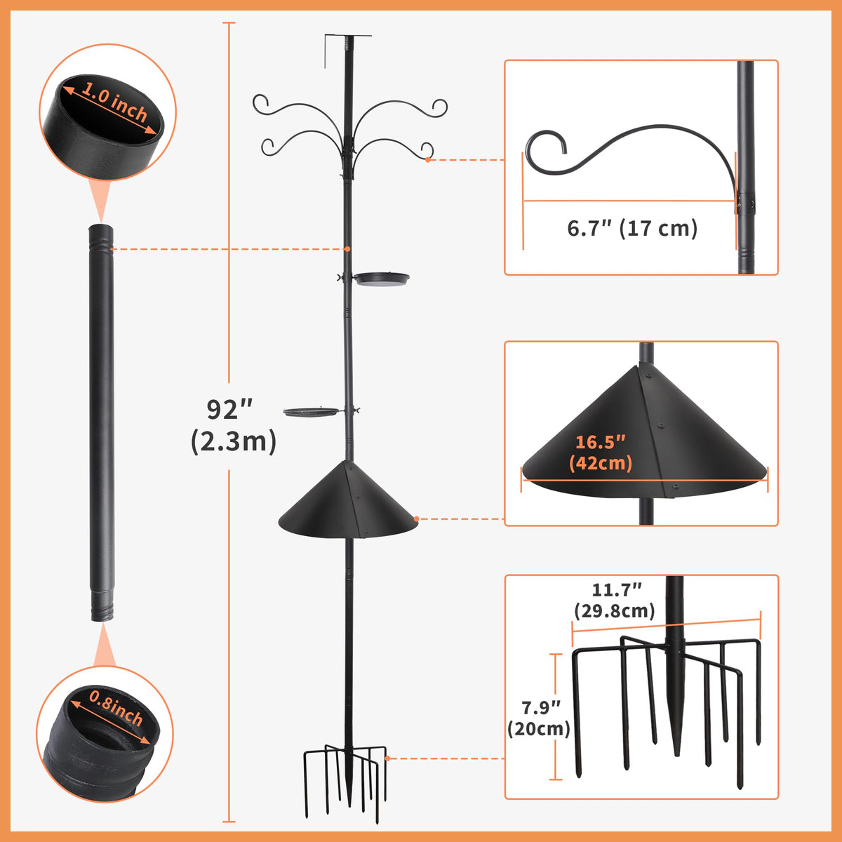 92 Inch Squirrel Proof Bird Feeder Pole with 9 Prongs Base, 1 Inch Dia Bird House Pole, Heavy Duty Bird Feeder Stand, Adjustable Shepherds Hooks for
