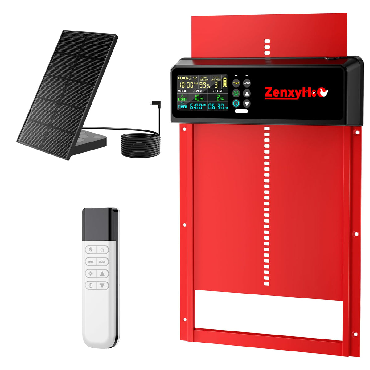 Solar Automatic Chicken Coop Door, Programmable Remote with 6 Modes (Red)