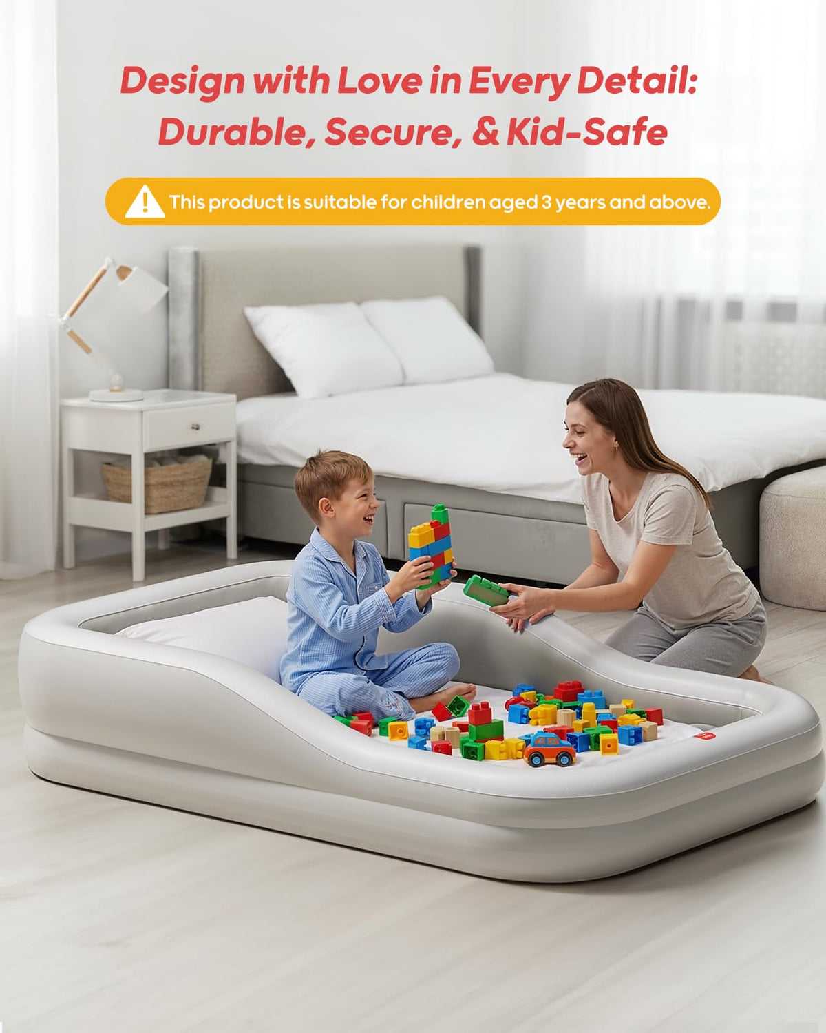 QPAU Inflatable Toddler Travel Bed with 3-Sided, Extra Large, Gray