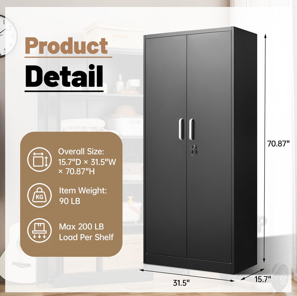 Metal Storage Cabinet with Adjustable Shelves, Garage Cabinet with 2 Lockable Doors, Garage Storage Cabinet, Kitchen Pantry Cabinet - 71'H, Black
