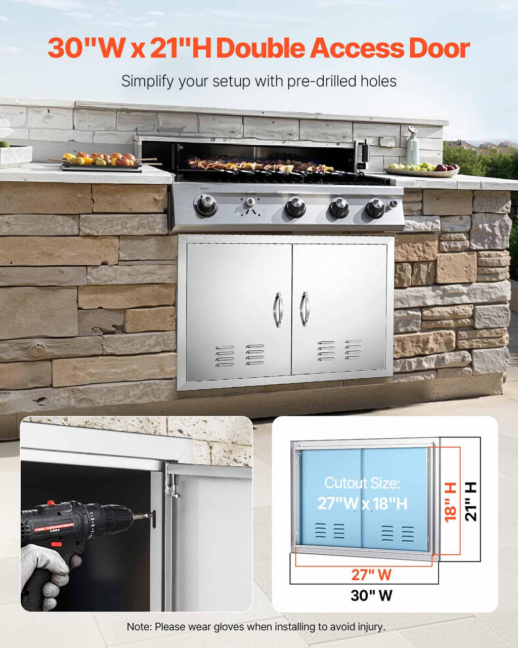 VEVOR Outdoor Kitchen Doors 30W x 21H Inch 304 Stainless Steel Double Doors