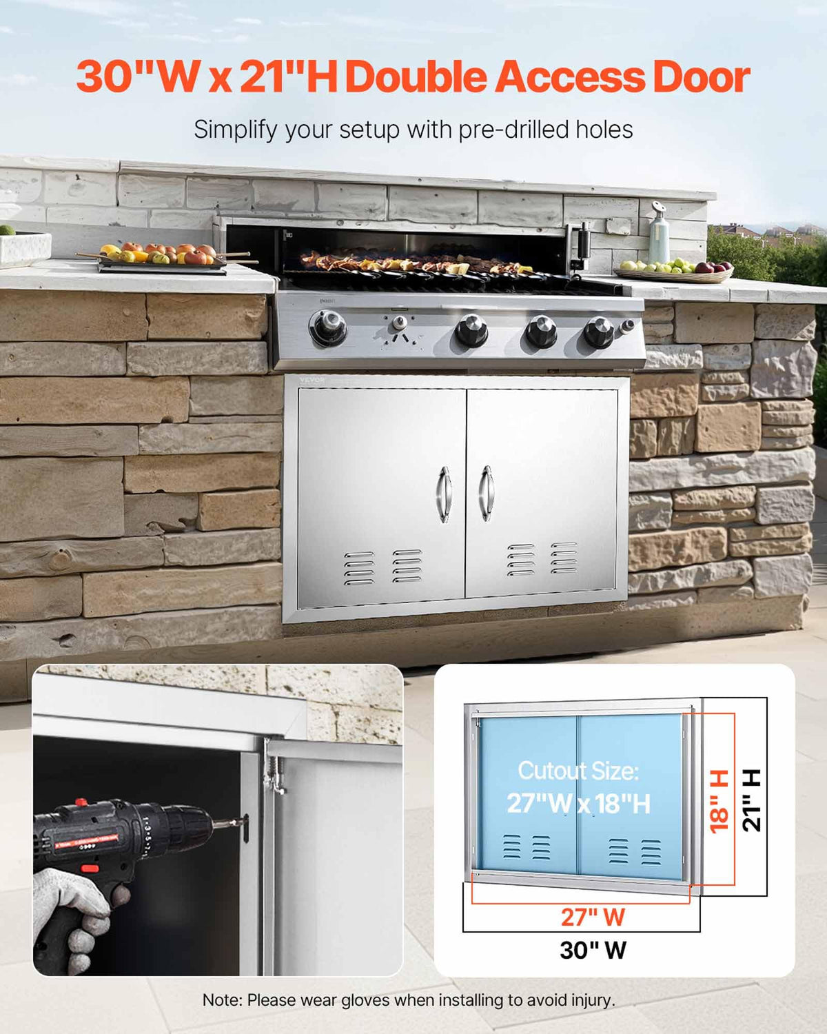 VEVOR Outdoor Kitchen Doors 30W x 21H Inch 304 Stainless Steel Double Doors