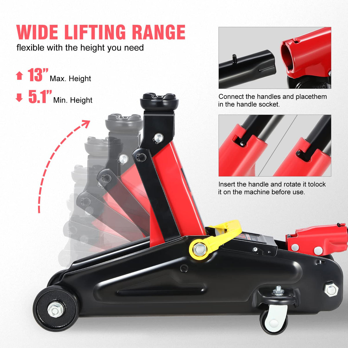 DNA Motoring TOOLS-00234 Low Profile Hydraulic Trolley Service/Floor Jack, 2 Ton (4000 lbs) Capacity, Lifting Range 5.1"-13", Black
