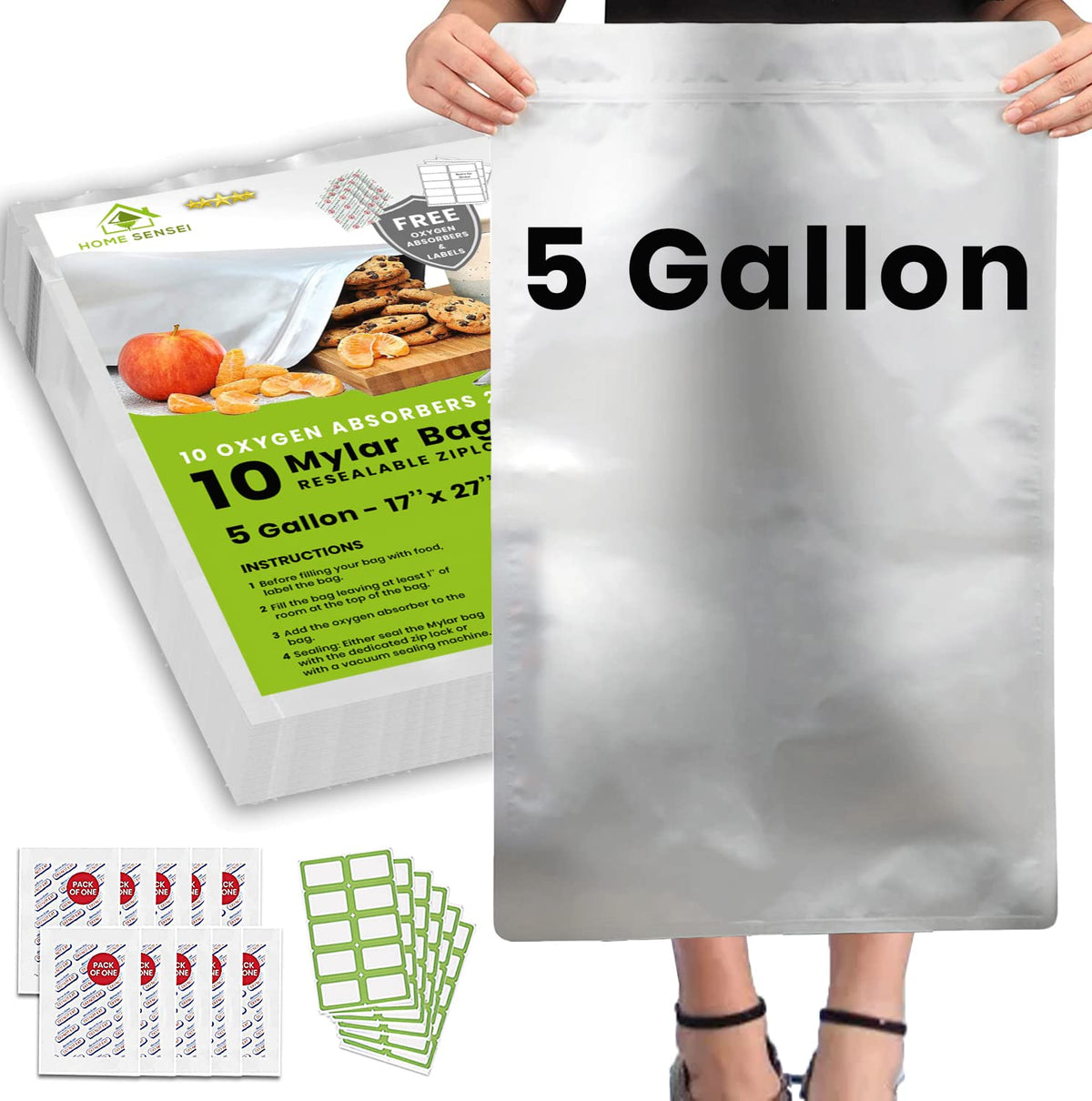 10pcs 5 Gallon Mylar Bags for Food Storage - 10 Mil Thick - Extra large bags 5 Gallon with Oxygen Absorbers 2500cc - Zipper Resealable Milar Bags