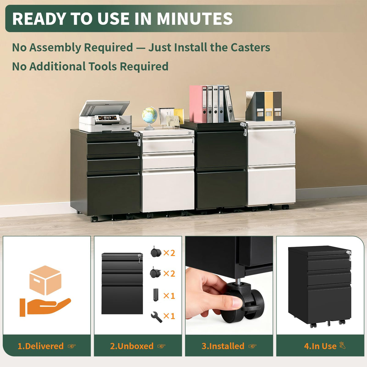 3 Drawer File Cabinet with Lock, Black Metal, Under Desk