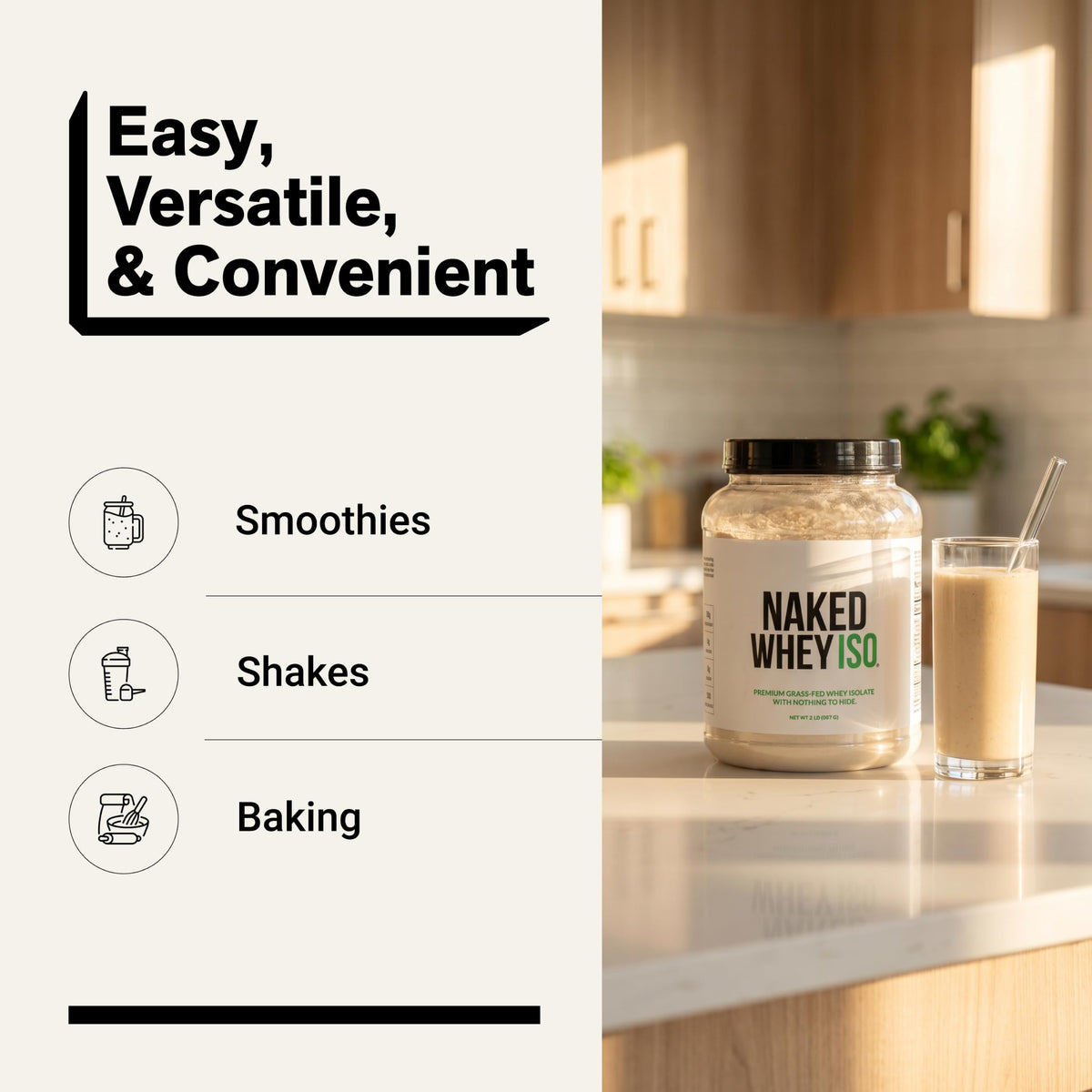 NAKED Whey Isolate Protein - Only 2 Ingredients, 30g Grass-Fed Protein, Zero Carb, Unflavored, Undenatured, Non-GMO, No Soy, Gluten-Free, No