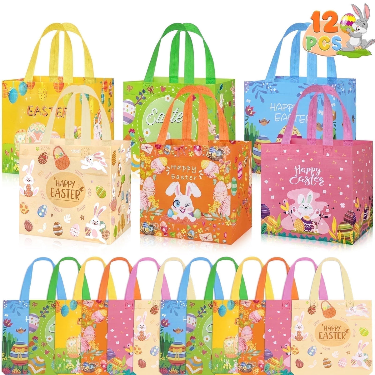 HiberyHom 12 Pcs Halloween Trick or Treat Bags with Handles, Gift Bags & Party Favor Bags for Kids, 8.27 x 5.91 x 7.87 inches